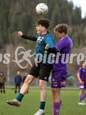 Fussball. Kaerntner Liga. Kraig gegen Austria Klagenfurt Amateure.  Paul Zuschlag  (Kraig),    Erik Kovac (Klagenfurt). Treibach, 25.3.2023
Foto: Kuess


---
pressefotos, pressefotografie, kuess, qs, qspictures, sport, bild, bilder, bilddatenbank