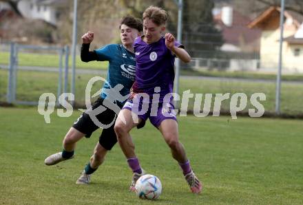 Fussball. Kaerntner Liga. Kraig gegen Austria Klagenfurt Amateure. Paul Zuschlag   (Kraig),  Dennis Meschnik  (Klagenfurt). Treibach, 25.3.2023
Foto: Kuess


---
pressefotos, pressefotografie, kuess, qs, qspictures, sport, bild, bilder, bilddatenbank