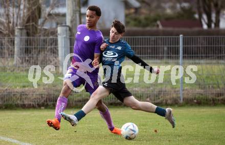 Fussball. Kaerntner Liga. Kraig gegen Austria Klagenfurt Amateure.   Paul Zuschlag (Kraig),    Emilian Metu (Klagenfurt). Treibach, 25.3.2023
Foto: Kuess


---
pressefotos, pressefotografie, kuess, qs, qspictures, sport, bild, bilder, bilddatenbank