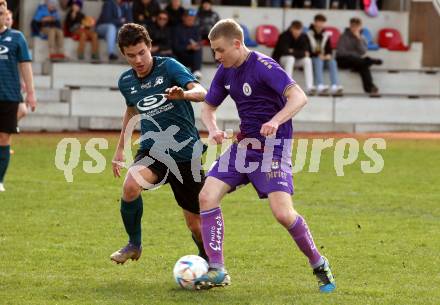 Fussball. Kaerntner Liga. Kraig gegen Austria Klagenfurt Amateure.  Maximilian Felsberger  (Kraig),   Hubert Philipp Griesebner (Klagenfurt). Treibach, 25.3.2023
Foto: Kuess


---
pressefotos, pressefotografie, kuess, qs, qspictures, sport, bild, bilder, bilddatenbank