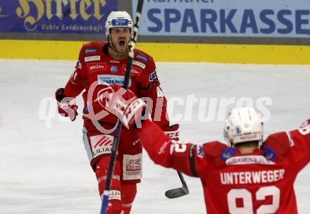 EBEL. Eishockey Bundesliga. EC KAC gegen Salzburg.   Torjubel Jesper Jensen Aabo, Clemens Unterweger  (KAC).  Klagenfurt, am 26.3.2023.
Foto: Kuess
www.qspictures.net
---
pressefotos, pressefotografie, kuess, qs, qspictures, sport, bild, bilder, bilddatenbank