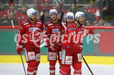 EBEL. Eishockey Bundesliga. EC KAC gegen Salzburg.  Torjubel Paul Postma, Thomas Hundertpfund, Simeon Schwinger, Steven Strong   (KAC).  Klagenfurt, am 26.3.2023.
Foto: Kuess
www.qspictures.net
---
pressefotos, pressefotografie, kuess, qs, qspictures, sport, bild, bilder, bilddatenbank