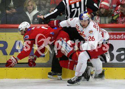 EBEL. Eishockey Bundesliga. EC KAC gegen Salzburg.   Lucas Lessio,  (KAC), Peter Hochkofler    (Salzburg). Klagenfurt, am 26.3.2023.
Foto: Kuess
www.qspictures.net
---
pressefotos, pressefotografie, kuess, qs, qspictures, sport, bild, bilder, bilddatenbank