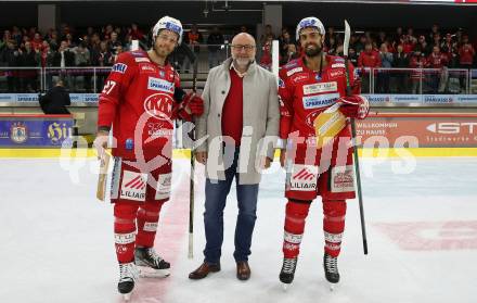 EBEL. Eishockey Bundesliga. EC KAC gegen Salzburg.   Spieler des Abends Thomas Hundertpfund, Lucas Lessio (KAC).  Klagenfurt, am 26.3.2023.
Foto: Kuess
www.qspictures.net
---
pressefotos, pressefotografie, kuess, qs, qspictures, sport, bild, bilder, bilddatenbank