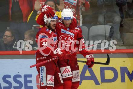 EBEL. Eishockey Bundesliga. EC KAC gegen Salzburg.  Torjubel Jesper Jensen Aabo, Thomas Hundertpfund   (KAC).  Klagenfurt, am 26.3.2023.
Foto: Kuess
www.qspictures.net
---
pressefotos, pressefotografie, kuess, qs, qspictures, sport, bild, bilder, bilddatenbank