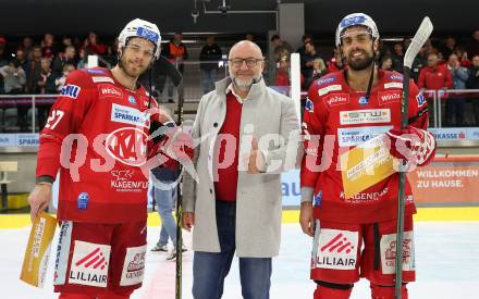 EBEL. Eishockey Bundesliga. EC KAC gegen Salzburg.  Spieler des Abends Thomas Hundertpfund, Lucas Lessio   (KAC).  Klagenfurt, am 26.3.2023.
Foto: Kuess
www.qspictures.net
---
pressefotos, pressefotografie, kuess, qs, qspictures, sport, bild, bilder, bilddatenbank