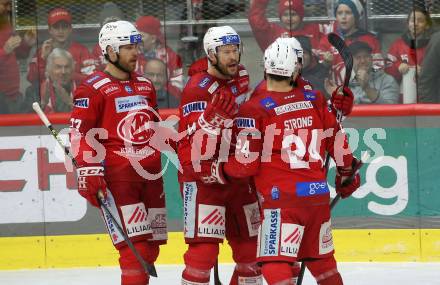 EBEL. Eishockey Bundesliga. EC KAC gegen Salzburg.   Torjubel Paul Postma, Thomas Hundertpfund, Simeon Schwinger, Steven Strong  (KAC).  Klagenfurt, am 26.3.2023.
Foto: Kuess
www.qspictures.net
---
pressefotos, pressefotografie, kuess, qs, qspictures, sport, bild, bilder, bilddatenbank