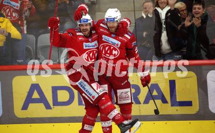 EBEL. Eishockey Bundesliga. EC KAC gegen Salzburg.   Torjubel Jesper Jensen Aabo, Thomas Hundertpfund  (KAC).  Klagenfurt, am 26.3.2023.
Foto: Kuess
www.qspictures.net
---
pressefotos, pressefotografie, kuess, qs, qspictures, sport, bild, bilder, bilddatenbank