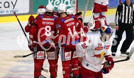 EBEL. Eishockey Bundesliga. EC KAC gegen Salzburg.   Torjubel Nicholas Eric Petersen, Rihards Bukarts, Manuel Ganahl, Paul Postma, Rok Ticar  (KAC).  Klagenfurt, am 26.3.2023.
Foto: Kuess
www.qspictures.net
---
pressefotos, pressefotografie, kuess, qs, qspictures, sport, bild, bilder, bilddatenbank