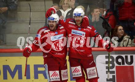 EBEL. Eishockey Bundesliga. EC KAC gegen Salzburg.   Torjubel Jesper Jensen Aabo, Thomas Hundertpfund  (KAC).  Klagenfurt, am 26.3.2023.
Foto: Kuess
www.qspictures.net
---
pressefotos, pressefotografie, kuess, qs, qspictures, sport, bild, bilder, bilddatenbank