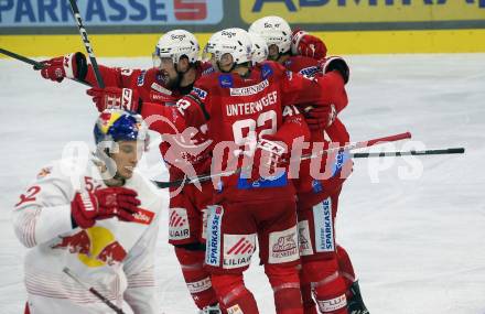 EBEL. Eishockey Bundesliga. EC KAC gegen Salzburg.   Torjubel Jesper Jensen Aabo, Clemens Unterweger, Lukas Haudum, Rijards Bukarts  (KAC).  Klagenfurt, am 26.3.2023.
Foto: Kuess
www.qspictures.net
---
pressefotos, pressefotografie, kuess, qs, qspictures, sport, bild, bilder, bilddatenbank