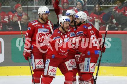 EBEL. Eishockey Bundesliga. EC KAC gegen Salzburg.  Torjubel Paul Postma, Thomas Hundertpfund, Simeon Schwinger, Steven Strong   (KAC).  Klagenfurt, am 26.3.2023.
Foto: Kuess
www.qspictures.net
---
pressefotos, pressefotografie, kuess, qs, qspictures, sport, bild, bilder, bilddatenbank