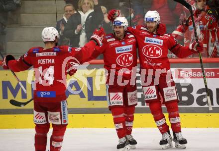 EBEL. Eishockey Bundesliga. EC KAC gegen Salzburg.   Torjubel Jesper Jensen Aabo, Thomas Hundertpfund, Paul Postma  (KAC).  Klagenfurt, am 26.3.2023.
Foto: Kuess
www.qspictures.net
---
pressefotos, pressefotografie, kuess, qs, qspictures, sport, bild, bilder, bilddatenbank