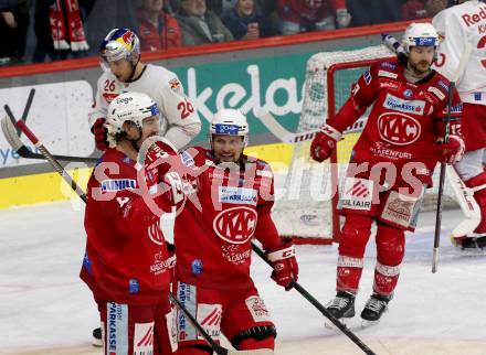 EBEL. Eishockey Bundesliga. EC KAC gegen Salzburg.   Torjubel Nicholas Eric Petersen, Rihards Bukarts, Manuel Ganahl  (KAC).  Klagenfurt, am 26.3.2023.
Foto: Kuess
www.qspictures.net
---
pressefotos, pressefotografie, kuess, qs, qspictures, sport, bild, bilder, bilddatenbank