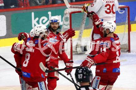 EBEL. Eishockey Bundesliga. EC KAC gegen Salzburg.   Torjubel Nicholas Eric Petersen, Rihards Bukarts, Manuel Ganahl, Paul Postma  (KAC).  Klagenfurt, am 26.3.2023.
Foto: Kuess
www.qspictures.net
---
pressefotos, pressefotografie, kuess, qs, qspictures, sport, bild, bilder, bilddatenbank