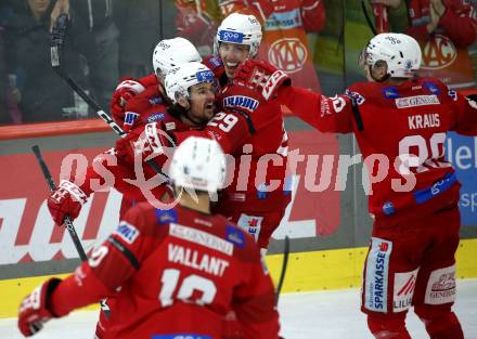 EBEL. Eishockey Bundesliga. EC KAC gegen Salzburg.    Torjubel Samuel Witting, Kele Steffler, Mike Zalewski, Thomas Vallant, Nikolaus Kraus (KAC).  Klagenfurt, am 31.3.2023.
Foto: Kuess
www.qspictures.net
---
pressefotos, pressefotografie, kuess, qs, qspictures, sport, bild, bilder, bilddatenbank