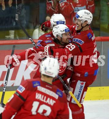 EBEL. Eishockey Bundesliga. EC KAC gegen Salzburg.   Torjubel Samuel Witting, Kele Steffler, Mike Zalewski, Thomas Vallant  (KAC).  Klagenfurt, am 31.3.2023.
Foto: Kuess
www.qspictures.net
---
pressefotos, pressefotografie, kuess, qs, qspictures, sport, bild, bilder, bilddatenbank