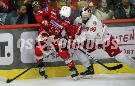 EBEL. Eishockey Bundesliga. EC KAC gegen Salzburg.   Steven Strong,  (KAC),  Florian Baltram   (Salzburg). Klagenfurt, am 31.3.2023.
Foto: Kuess
www.qspictures.net
---
pressefotos, pressefotografie, kuess, qs, qspictures, sport, bild, bilder, bilddatenbank