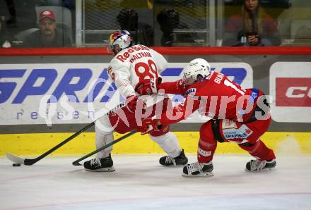 EBEL. Eishockey Bundesliga. EC KAC gegen Salzburg.   Rihards Bukarts, (KAC),   Florian Baltram   (Salzburg). Klagenfurt, am 31.3.2023.
Foto: Kuess
www.qspictures.net
---
pressefotos, pressefotografie, kuess, qs, qspictures, sport, bild, bilder, bilddatenbank