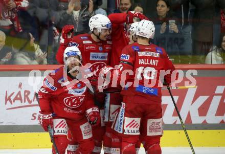 EBEL. Eishockey Bundesliga. EC KAC gegen Salzburg.   Torjubel Samuel Witting, Kele Steffler, Mike Zalewski, Thomas Vallant, Nikolaus Kraus  (KAC).  Klagenfurt, am 31.3.2023.
Foto: Kuess
www.qspictures.net
---
pressefotos, pressefotografie, kuess, qs, qspictures, sport, bild, bilder, bilddatenbank