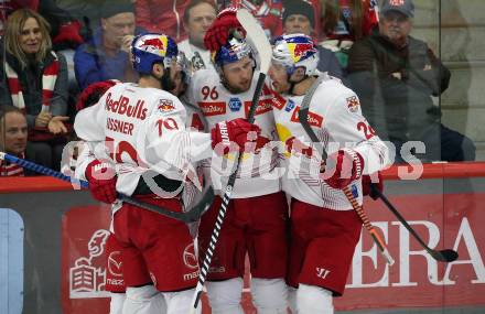 EBEL. Eishockey Bundesliga. EC KAC gegen Salzburg. Torjubel Chay Genoway, Mario Huber, Benjamin Nissner, Peter Hochkofler  (Salzburg). Klagenfurt, am 31.3.2023.
Foto: Kuess
www.qspictures.net
---
pressefotos, pressefotografie, kuess, qs, qspictures, sport, bild, bilder, bilddatenbank