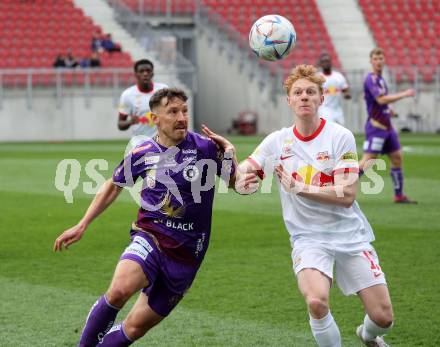 Fussball Bundesliga. SK Austria Klagenfurt gegen Salzburg.  Christopher Wernitznig,  (Klagenfurt),   Nicolas Seiwald (Salzburg).  Klagenfurt, am 2.4.2023.
Foto: Kuess
---
pressefotos, pressefotografie, kuess, qs, qspictures, sport, bild, bilder, bilddatenbank