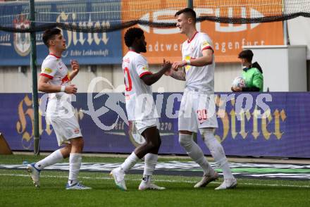 Fussball Bundesliga. SK Austria Klagenfurt gegen Salzburg.  Torjubel Benjamin Sesko, Sekou Koita  (Salzburg).  Klagenfurt, am 2.4.2023.
Foto: Kuess
---
pressefotos, pressefotografie, kuess, qs, qspictures, sport, bild, bilder, bilddatenbank