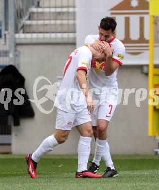 Fussball Bundesliga. SK Austria Klagenfurt gegen Salzburg. Torjubel Oscar Gloukh, Nicolas Capaldo  (Salzburg).  Klagenfurt, am 2.4.2023.
Foto: Kuess
---
pressefotos, pressefotografie, kuess, qs, qspictures, sport, bild, bilder, bilddatenbank