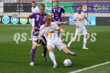 Fussball Bundesliga. SK Austria Klagenfurt gegen Salzburg. Florian Jaritz, (Klagenfurt),    Nicolas Seiwald  (Salzburg).  Klagenfurt, am 2.4.2023.
Foto: Kuess
---
pressefotos, pressefotografie, kuess, qs, qspictures, sport, bild, bilder, bilddatenbank