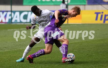 Fussball Bundesliga. SK Austria Klagenfurt gegen Sturm Graz.  Nicolas Binder,  (Klagenfurt),    Amadou Dante (Graz).  Klagenfurt, am 16.4.2023.
Foto: Kuess
---
pressefotos, pressefotografie, kuess, qs, qspictures, sport, bild, bilder, bilddatenbank