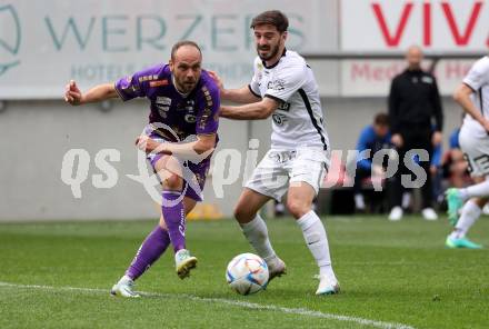 Fussball Bundesliga. SK Austria Klagenfurt gegen Sturm Graz.  Rico Benatelli, (Klagenfurt),    Otari Kitishvili  (Graz).  Klagenfurt, am 16.4.2023.
Foto: Kuess
---
pressefotos, pressefotografie, kuess, qs, qspictures, sport, bild, bilder, bilddatenbank