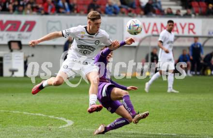 Fussball Bundesliga. SK Austria Klagenfurt gegen Sturm Graz.  Florian Rieder,  (Klagenfurt),    Alexander Prass (Graz).  Klagenfurt, am 16.4.2023.
Foto: Kuess
---
pressefotos, pressefotografie, kuess, qs, qspictures, sport, bild, bilder, bilddatenbank