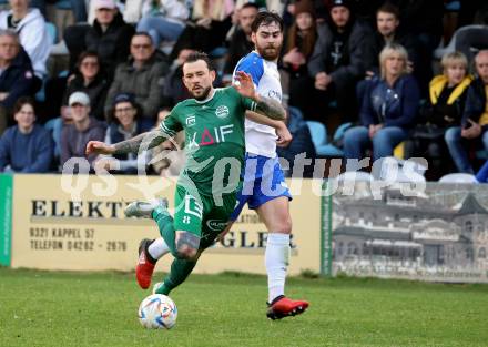 Fussball. Regionalliga. Treibach gegen DSV Leoben.  Lukas Urnik (Treibach),  Philipp Huetter  (Leoben). Treibach, 21.4.2023.
Foto: Kuess


---
pressefotos, pressefotografie, kuess, qs, qspictures, sport, bild, bilder, bilddatenbank