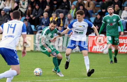 Fussball. Regionalliga. Treibach gegen DSV Leoben. Philipp Hoeberl  (Treibach),  Philipp Huetter  (Leoben). Treibach, 21.4.2023.
Foto: Kuess


---
pressefotos, pressefotografie, kuess, qs, qspictures, sport, bild, bilder, bilddatenbank