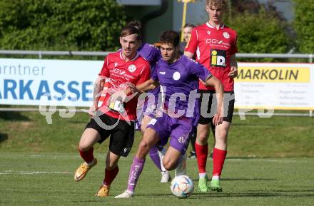 Fussball Kaerntner Liga. SK Austria Klagenfurt gegen Spittal. Alexander Fuchs  (Austria Klagenfurt), Tom Zurga (Spittal). Brueckl, am 27.5.2023.
Foto: Kuess



---
pressefotos, pressefotografie, kuess, qs, qspictures, sport, bild, bilder, bilddatenbank