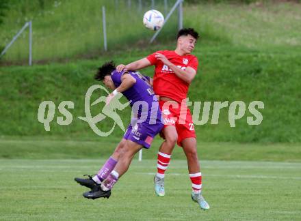 Fussball Kaerntner Liga. SK Austria KLagenfurt Amateure gegen ATSV Wolfsberg.  Bego Kujrakovic (Austria Klagenfurt),   Denin Begic (Wolfsberg). Brueckl, am 9.6.2023.
Foto: Kuess



---
pressefotos, pressefotografie, kuess, qs, qspictures, sport, bild, bilder, bilddatenbank