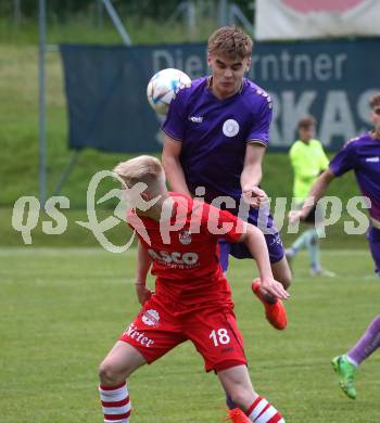 Fussball Kaerntner Liga. SK Austria KLagenfurt Amateure gegen ATSV Wolfsberg.  Marius Leo Maierhofer (Austria Klagenfurt),  Luca Schatzl  (Wolfsberg). Brueckl, am 9.6.2023.
Foto: Kuess



---
pressefotos, pressefotografie, kuess, qs, qspictures, sport, bild, bilder, bilddatenbank