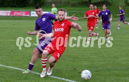 Fussball Kaerntner Liga. SK Austria KLagenfurt Amateure gegen ATSV Wolfsberg.  Denis Sinanovic (Austria Klagenfurt),   Philipp Michael Baumgartner (Wolfsberg). Brueckl, am 9.6.2023.
Foto: Kuess



---
pressefotos, pressefotografie, kuess, qs, qspictures, sport, bild, bilder, bilddatenbank