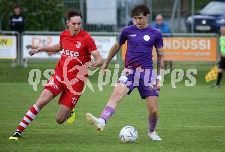 Fussball Kaerntner Liga. SK Austria KLagenfurt Amateure gegen ATSV Wolfsberg.  Josip Pejic (Austria Klagenfurt),  Fabian Rothleitner  (Wolfsberg). Brueckl, am 9.6.2023.
Foto: Kuess



---
pressefotos, pressefotografie, kuess, qs, qspictures, sport, bild, bilder, bilddatenbank