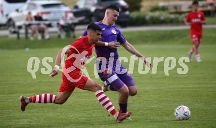 Fussball Kaerntner Liga. SK Austria KLagenfurt Amateure gegen ATSV Wolfsberg. Denis Sinanovic  (Austria Klagenfurt),   Andraz Paradiz (Wolfsberg). Brueckl, am 9.6.2023.
Foto: Kuess



---
pressefotos, pressefotografie, kuess, qs, qspictures, sport, bild, bilder, bilddatenbank