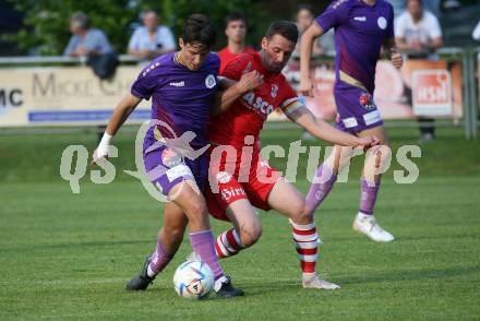 Fussball Kaerntner Liga. SK Austria KLagenfurt Amateure gegen ATSV Wolfsberg. Bego Kujrakovic  (Austria Klagenfurt),  Patrick Pfennich   (Wolfsberg). Brueckl, am 9.6.2023.
Foto: Kuess



---
pressefotos, pressefotografie, kuess, qs, qspictures, sport, bild, bilder, bilddatenbank