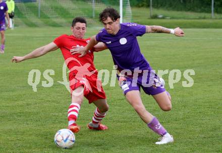 Fussball Kaerntner Liga. SK Austria KLagenfurt Amateure gegen ATSV Wolfsberg.  Josip Pejic (Austria Klagenfurt),  Kenan Mustedanagic  (Wolfsberg). Brueckl, am 9.6.2023.
Foto: Kuess



---
pressefotos, pressefotografie, kuess, qs, qspictures, sport, bild, bilder, bilddatenbank