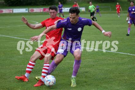 Fussball Kaerntner Liga. SK Austria KLagenfurt Amateure gegen ATSV Wolfsberg. Kevin Takacs  (Austria Klagenfurt),  Kenan Mustedanagic  (Wolfsberg). Brueckl, am 9.6.2023.
Foto: Kuess



---
pressefotos, pressefotografie, kuess, qs, qspictures, sport, bild, bilder, bilddatenbank