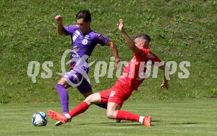 Fussball Bundesliga. Testspiel. Sk Austria KLagenfurt gegen Liefering.  Sebastian Guerra Soto,  (Austria),  Rocco Zikovic  (Liefering). Gmuend, am 7.7. 2023.
Foto: Kuess



---
pressefotos, pressefotografie, kuess, qs, qspictures, sport, bild, bilder, bilddatenbank