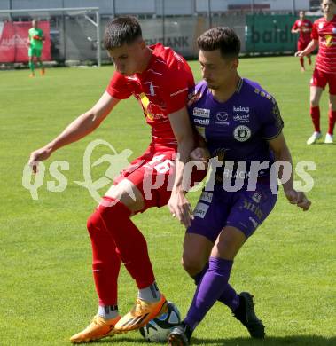 Fussball Bundesliga. Testspiel. Sk Austria KLagenfurt gegen Liefering. Till Schumacher, (Austria),  Tim Trummer  (Liefering). Gmuend, am 7.7. 2023.
Foto: Kuess



---
pressefotos, pressefotografie, kuess, qs, qspictures, sport, bild, bilder, bilddatenbank