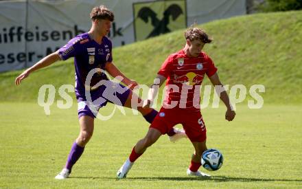 Fussball Bundesliga. Testspiel. Sk Austria KLagenfurt gegen Liefering.  Jannik Robatsch,  (Austria),  Philip Verhounig  (Liefering). Gmuend, am 7.7. 2023.
Foto: Kuess



---
pressefotos, pressefotografie, kuess, qs, qspictures, sport, bild, bilder, bilddatenbank