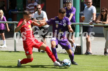 Fussball Bundesliga. Testspiel. Sk Austria KLagenfurt gegen Liefering.  Till Schumacher, (Austria),   Valentin Sulzbacher (Liefering). Gmuend, am 7.7. 2023.
Foto: Kuess



---
pressefotos, pressefotografie, kuess, qs, qspictures, sport, bild, bilder, bilddatenbank