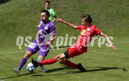 Fussball Bundesliga. Testspiel. Sk Austria KLagenfurt gegen Liefering.  Simon Straudi,  (Austria), John Mellberg   (Liefering). Gmuend, am 7.7. 2023.
Foto: Kuess



---
pressefotos, pressefotografie, kuess, qs, qspictures, sport, bild, bilder, bilddatenbank