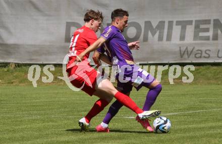 Fussball Bundesliga. Testspiel. Sk Austria KLagenfurt gegen Liefering.  Sinan Karweina (Austria), Valentin Sulzbacher (Liefering). Gmuend, am 7.7. 2023.
Foto: Kuess



---
pressefotos, pressefotografie, kuess, qs, qspictures, sport, bild, bilder, bilddatenbank