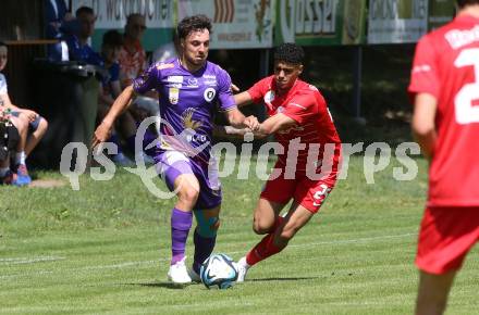 Fussball Bundesliga. Testspiel. Sk Austria KLagenfurt gegen Liefering.  Simon Straudi, (Austria),   Alexander Murillo (Liefering). Gmuend, am 7.7. 2023.
Foto: Kuess



---
pressefotos, pressefotografie, kuess, qs, qspictures, sport, bild, bilder, bilddatenbank